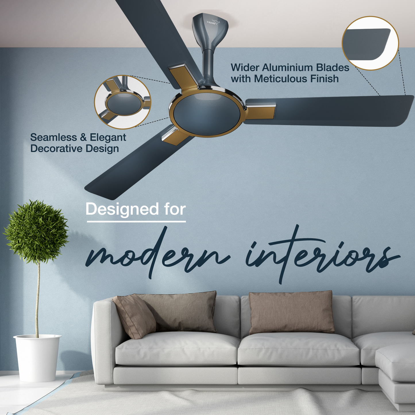 Exado AS Designer Ceiling Fan for Home 1.2 m, Mettalic Beige Grey