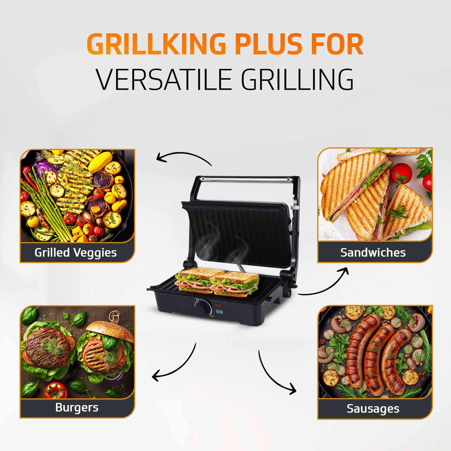 Grillking Plus 2 Slice 1500 Watt Multipurpose Grill Sandwich Maker | Healthy - Outlet for Excess Oil Removal | Easy to Clean Non-Stick Teflon Coating | 180 Degree Flat Grill | 1 Year Warranty